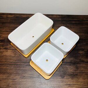 Set of 3 white ceramic pots with bamboo tray, succulents planters